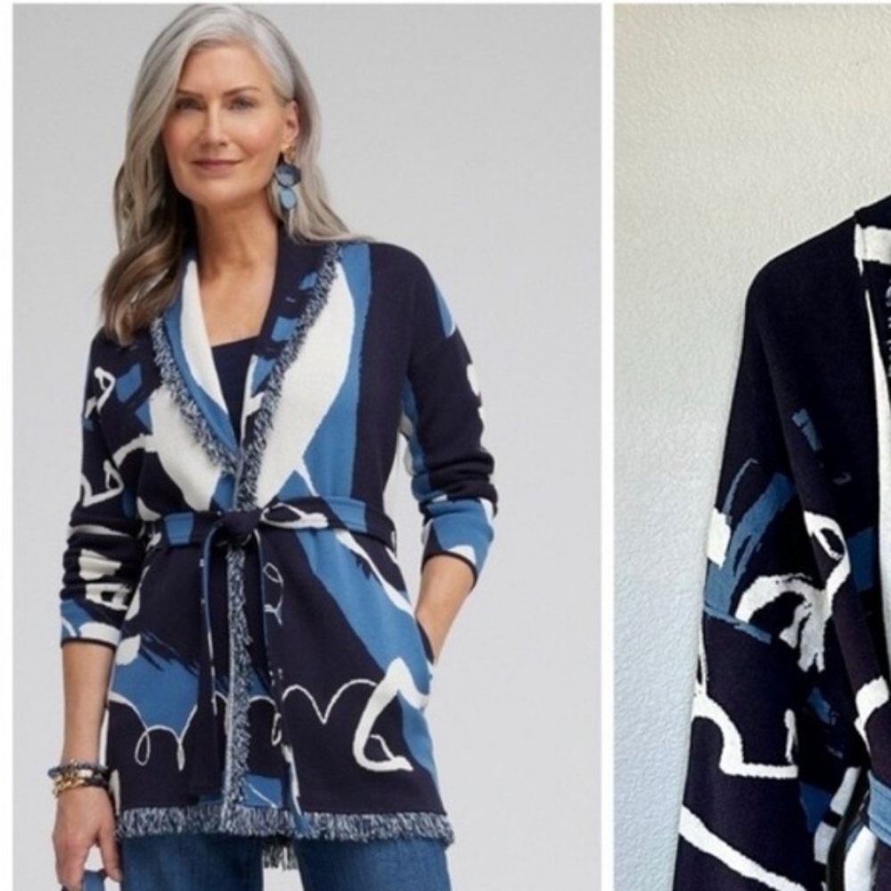 Chico's NWT Modern Impress Fringe Cardigan Classic Navy Abstract 3/XL